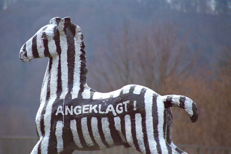 Holbein-Pferd schwarz-weiß gestreift wie ein Zebra mit Aufschrift „Angeklagt!“