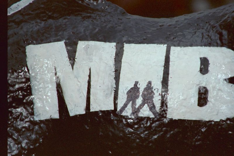 Holbein-Pferd Nahaufnahme: schwarz mit weißem „MIB“-Logo der Men in Black